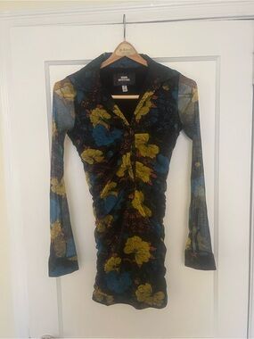 Urban Outfitters Black Mesh Long-Sleeve Floral Ruched Dress